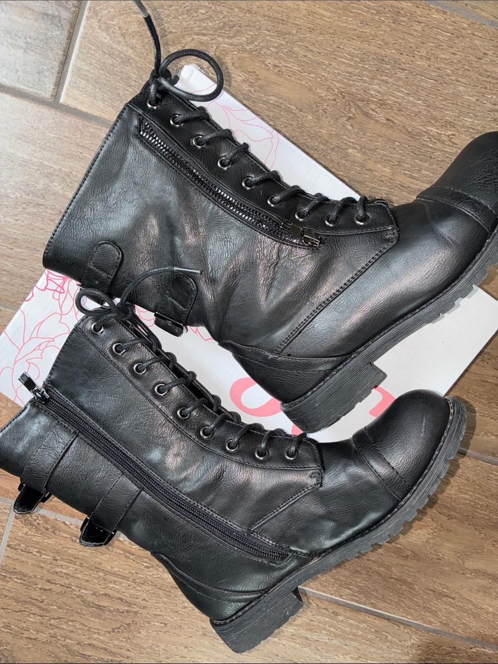 Journee Collection Black Lace-Up Moto Combat Boots - Picture 6 of 9